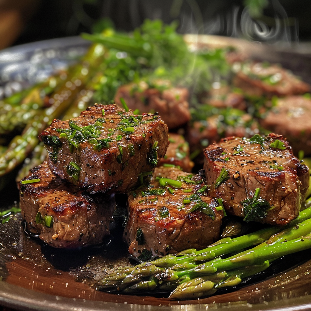 how to make Weeknight Garlic Butter Herb Steak Bites & Asparagus Skillet For Quick Beef Dinner step by step