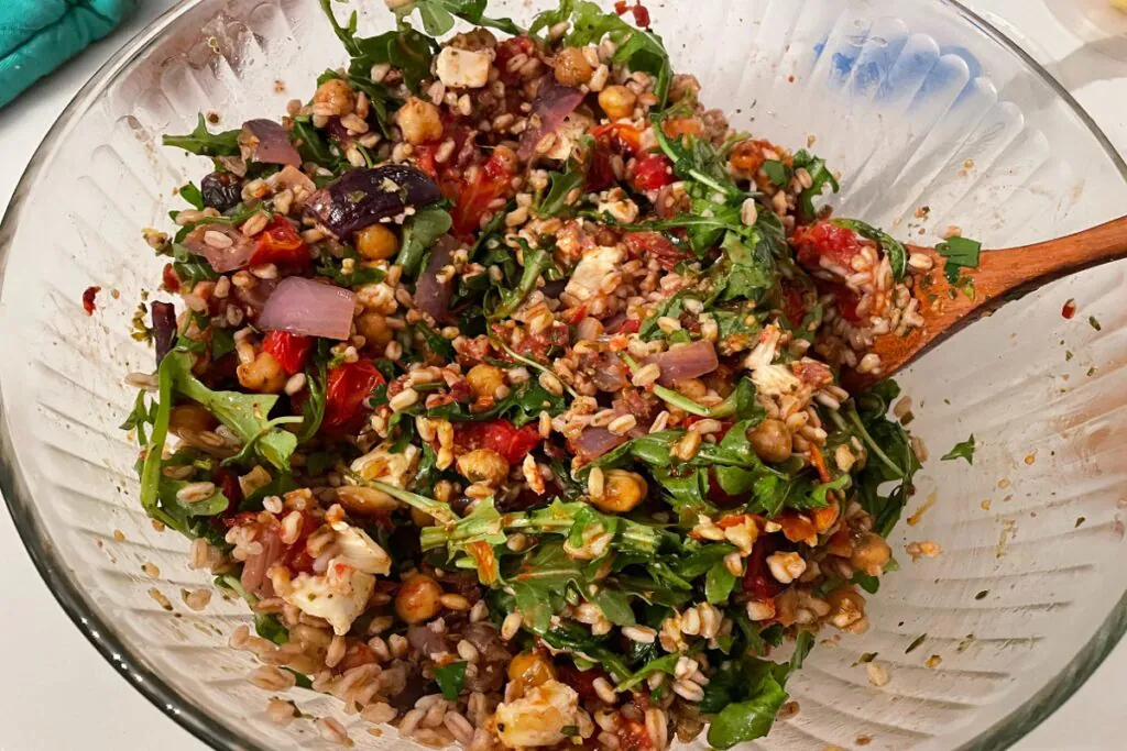 farro with blistered tomatoes and pesto