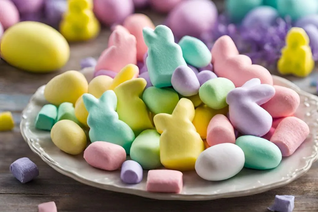 Colorful marshmallow Easter candies in a festive setting with Easter decorations.