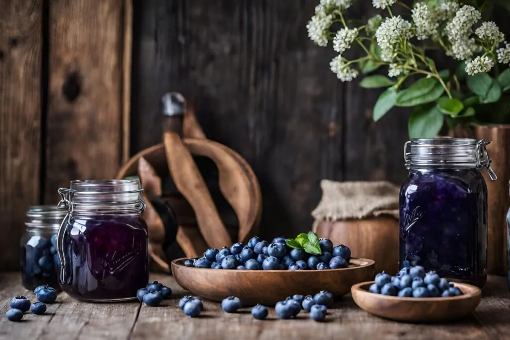 Jar of homemade blueberry moonshine with fresh blueberries and rustic wooden barrels in the background.