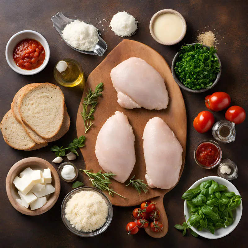 Fresh ingredients for Chicken Parm Sandwich: chicken, breadcrumbs, cheese, sauce, herbs.