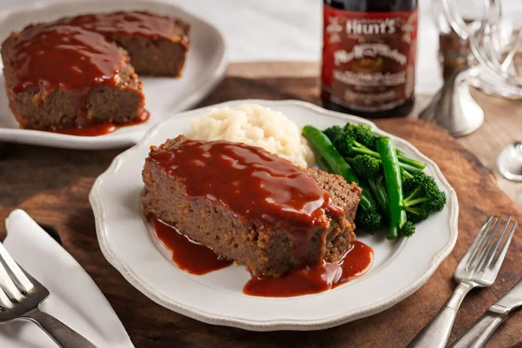 Plated meatloaf slice topped with Hunt's Sauce in a cozy kitchen.