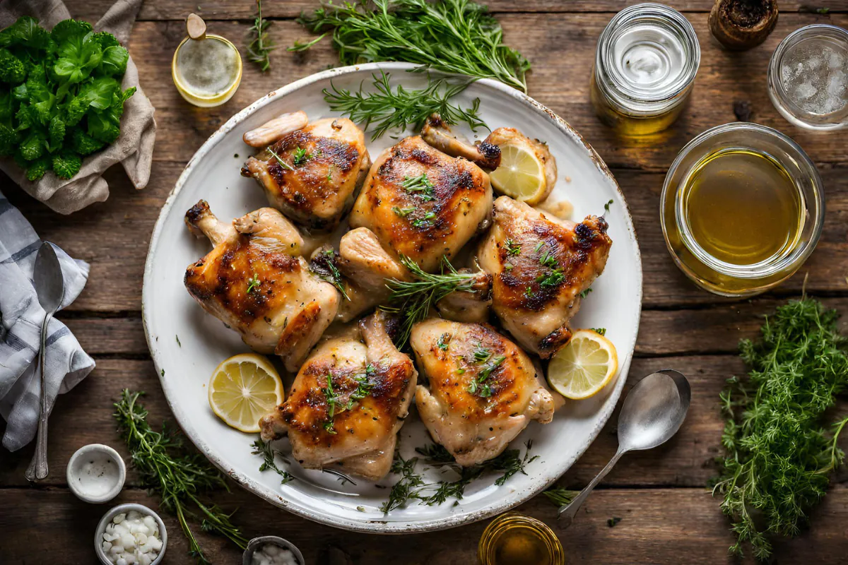 Cooked brine chicken thighs garnished with herbs on a rustic wooden table, brine solution in the background.