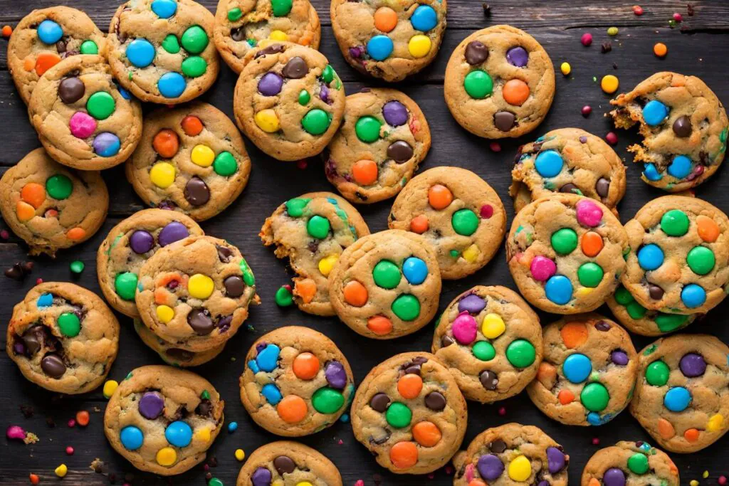 Assortment of Rainbow Chocolate Chip Cookies on a wooden table with scattered colorful chips.