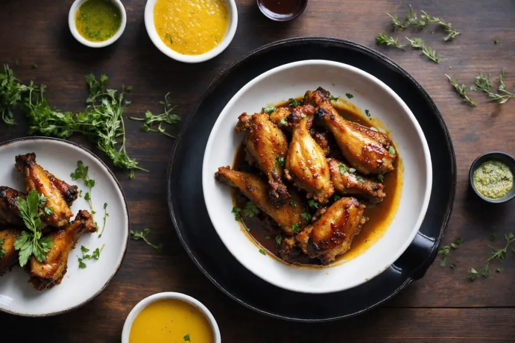 Golden crispy chicken wings on a wooden table with dipping sauce and fresh herbs.