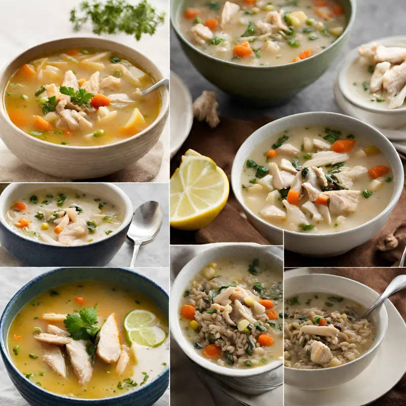 Collage of five cock soup variations including Classic Chicken Noodle and Spicy Southwest.