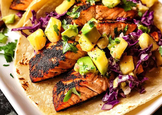 Crispy Salmon Tacos with Pineapple Avocado Salsa