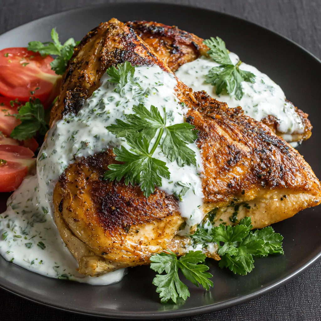 a serving of Baked Chicken With Yogurt Sauce