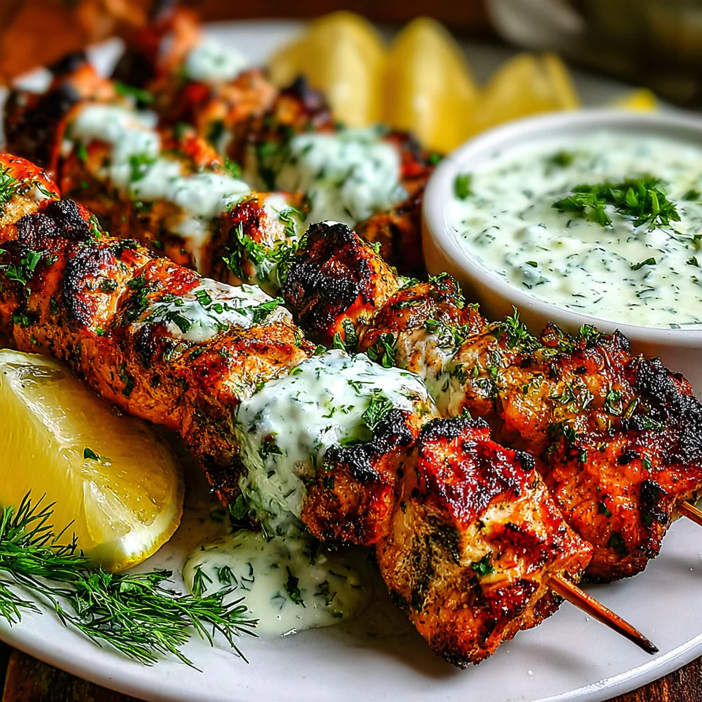 a serving of Chicken Souvlaki With Tzatziki