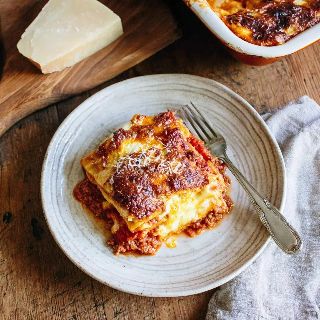 a serving of Classic Lasagna Bolognese With Ragù And BéChamel Sauce