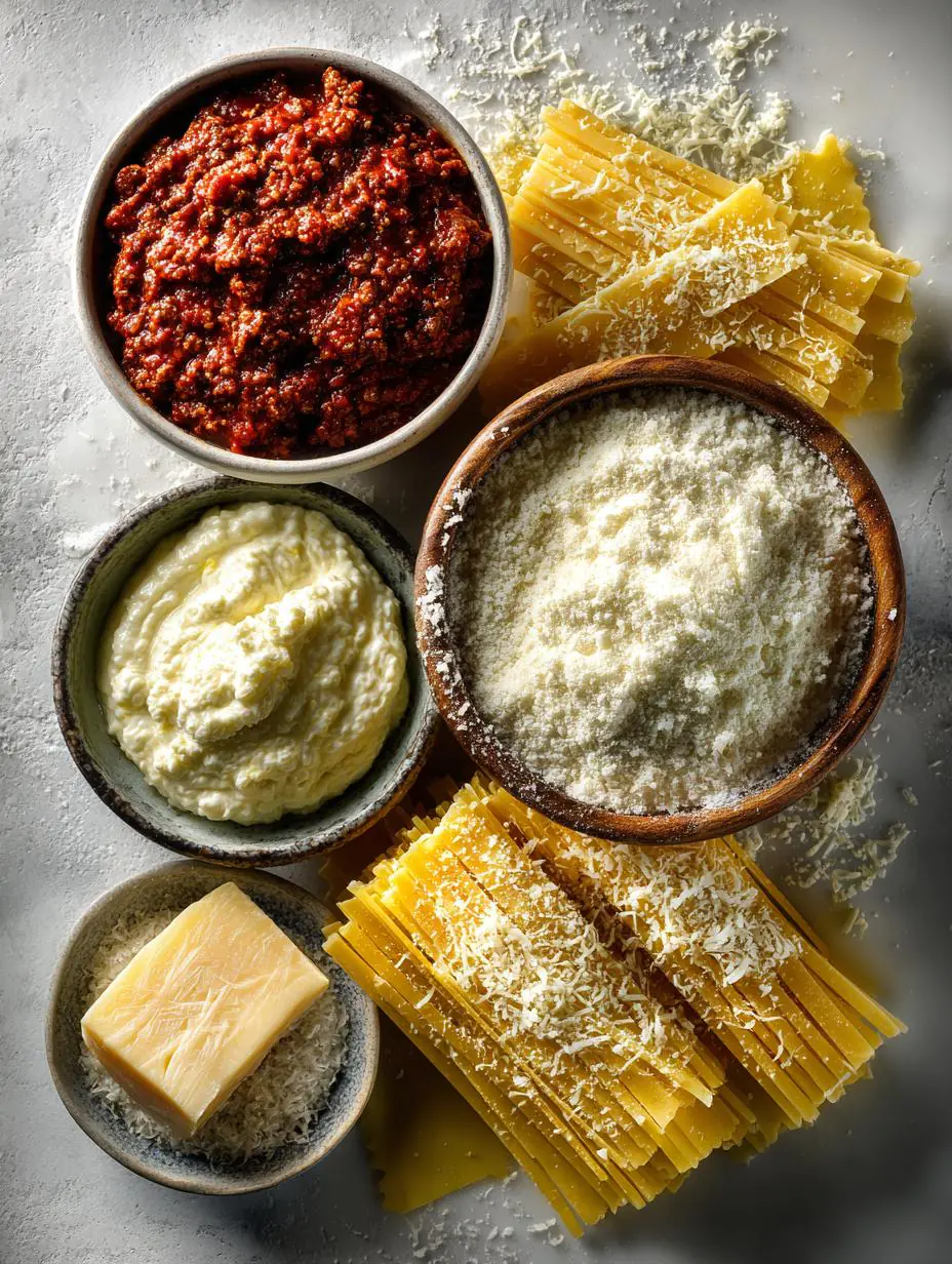 fresh ingredients for Classic Lasagna Bolognese With Ragù And BéChamel Sauce