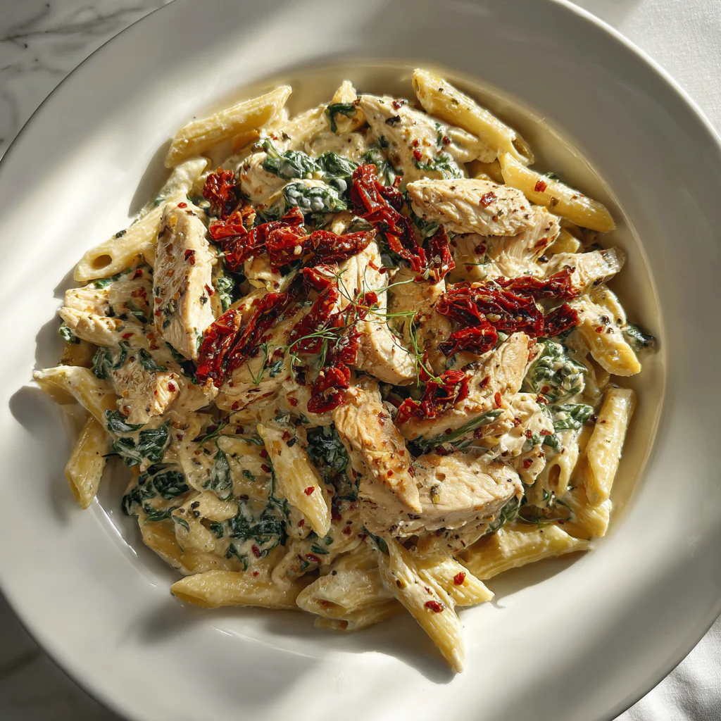 a serving of Creamy Tuscan Chicken Pasta