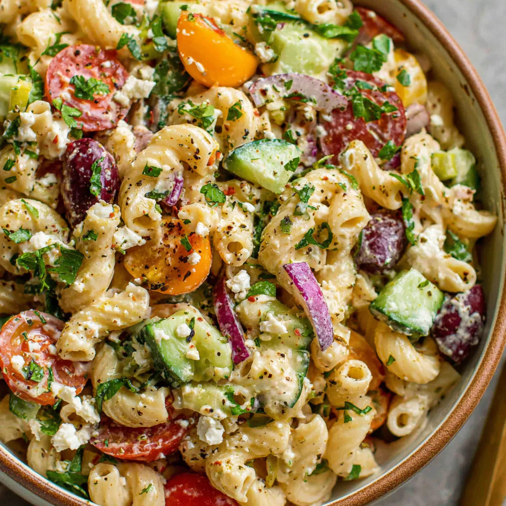 a serving of Greek Pasta Salad