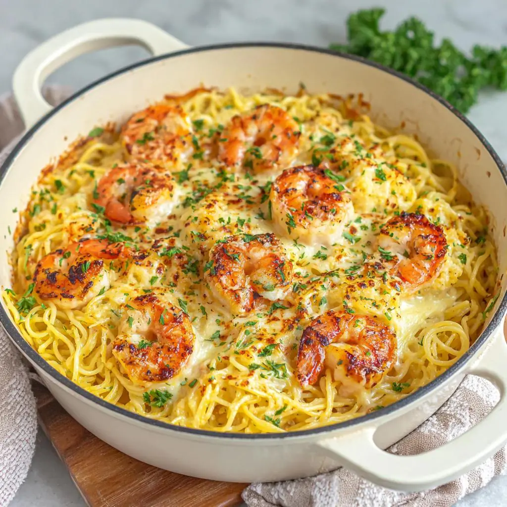 a serving of Shrimp Scampi Pasta Bake