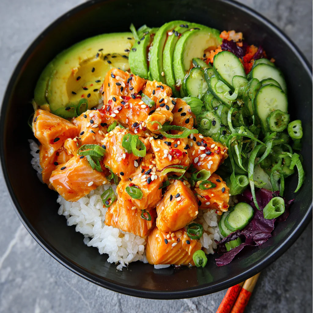 fresh ingredients for Bang Bang Salmon Bowl