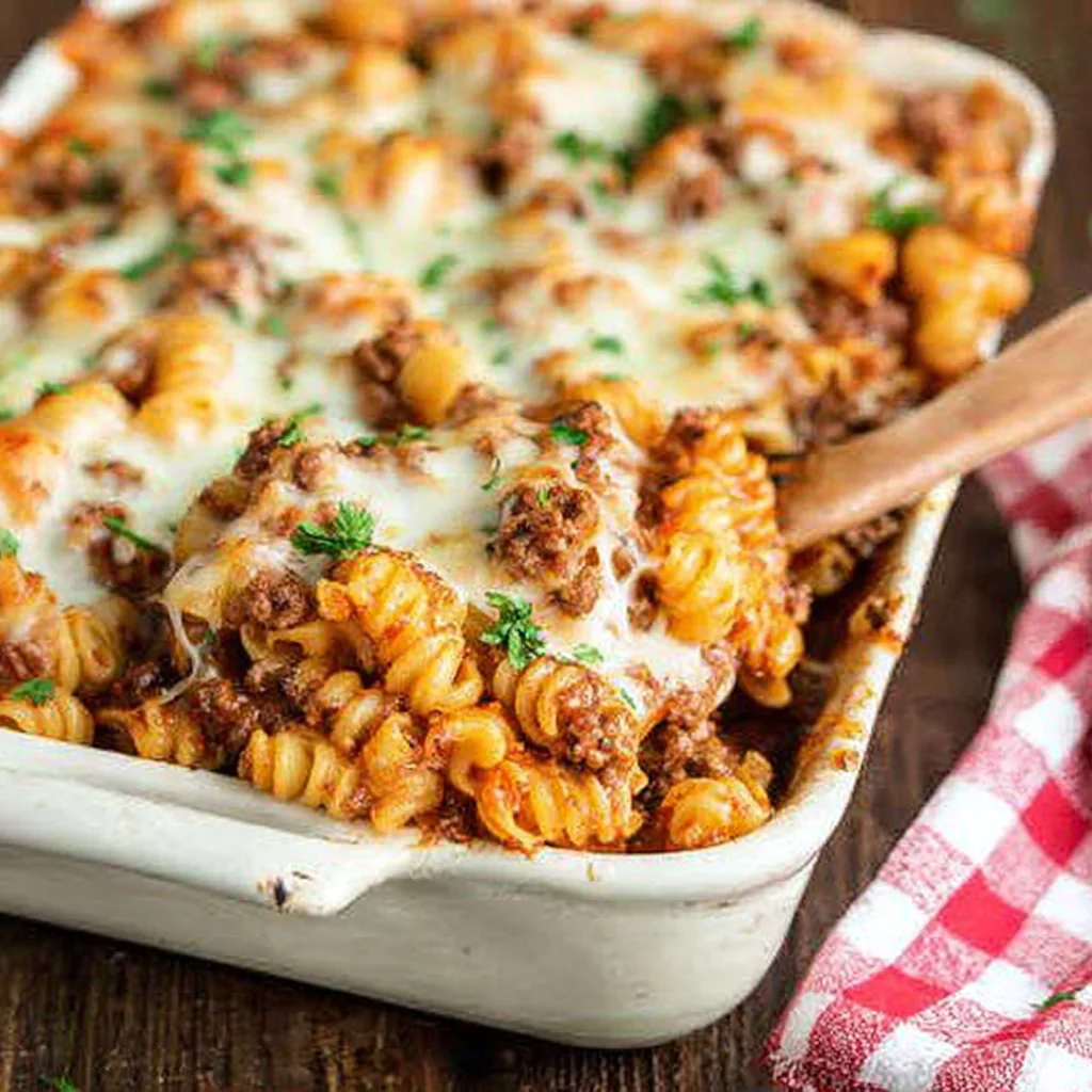 a serving of Cheesy Beef Mac Casserole