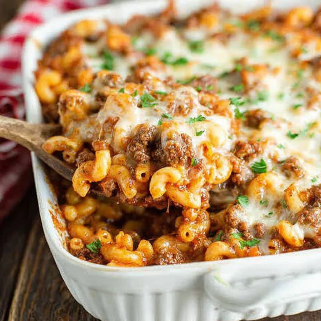 fresh ingredients for Cheesy Beef Mac Casserole