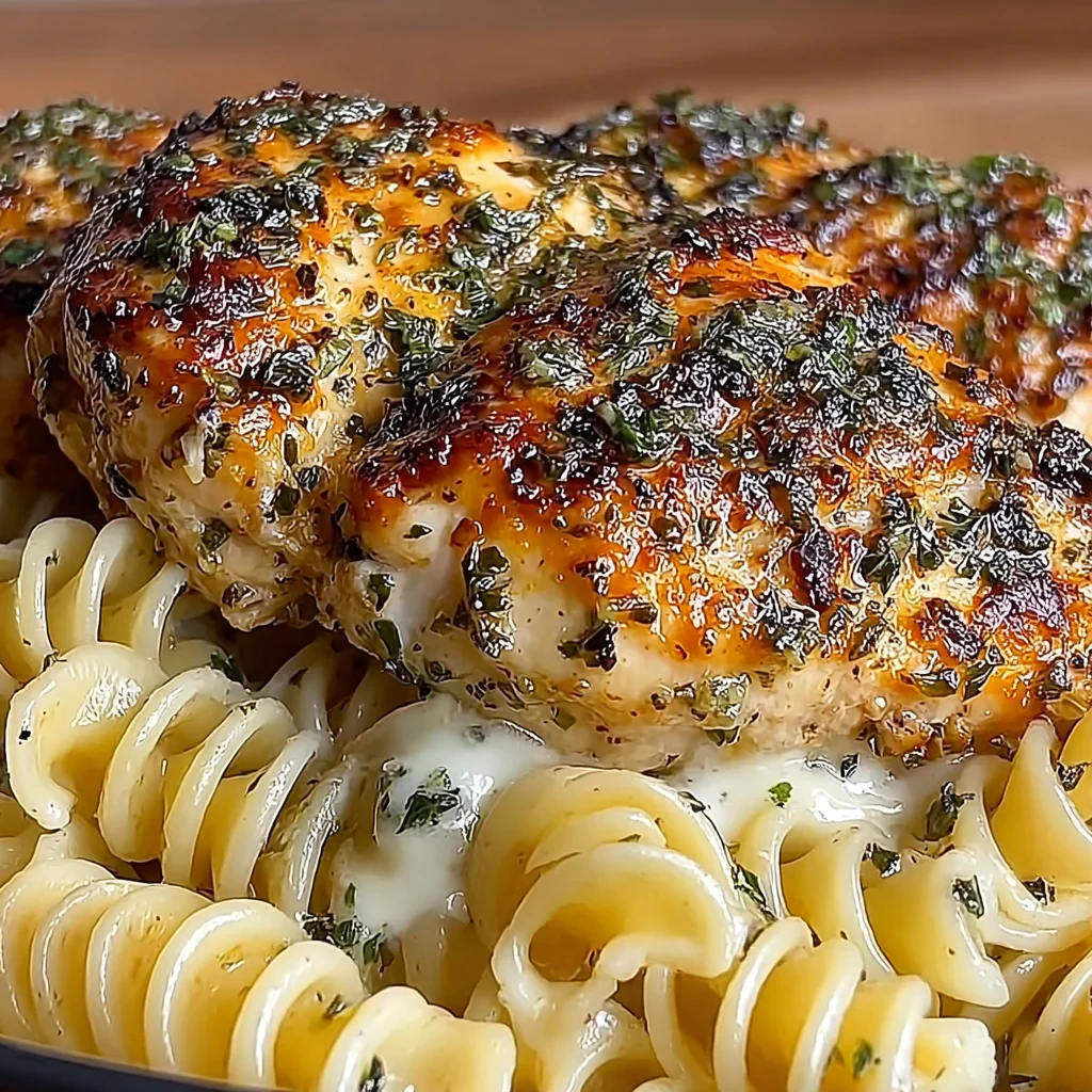 a serving of Garlic Herb Chicken With Creamy Mozzarella Parmesan Rotini