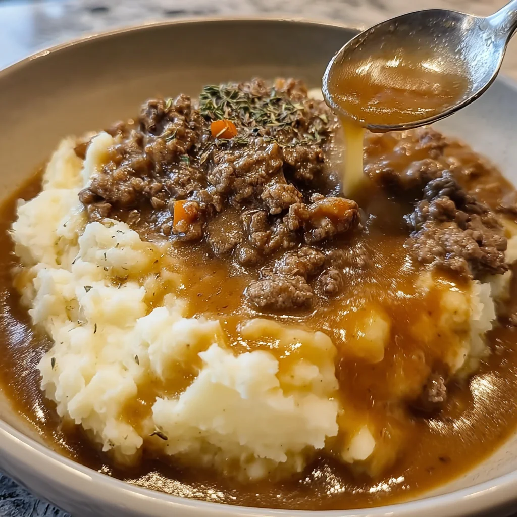 fresh ingredients for Ground Beef & Gravy Over Mashed Potatoes