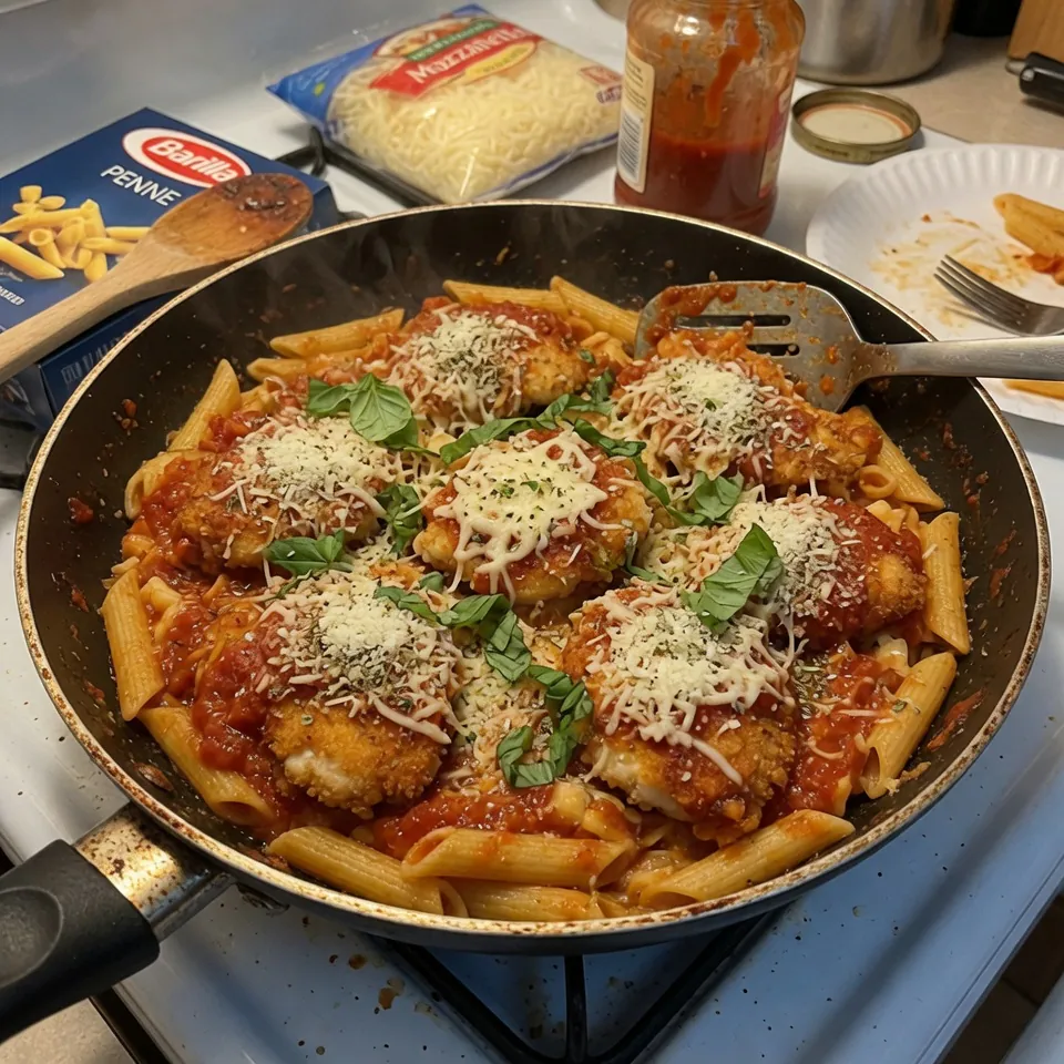 fresh ingredients for Chicken Parmesan Pasta Skillet