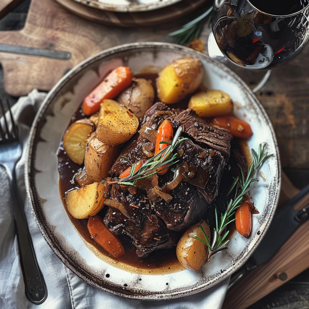 how to make Comforting Slow Cooker Beef Pot Roast With Root Vegetables & Red Wine Gravy step by step