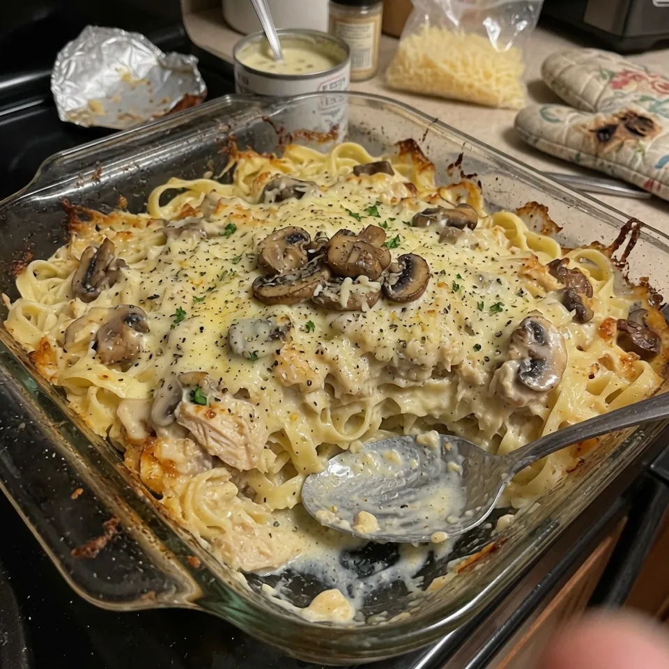 how to make Creamy Chicken Mushroom Fettuccine Bake step by step