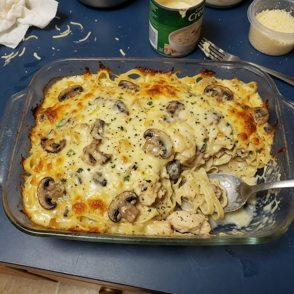 fresh ingredients for Creamy Chicken Mushroom Fettuccine Bake