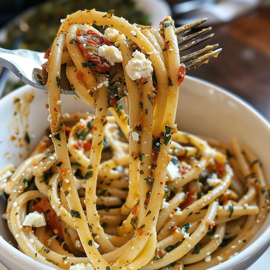 fresh ingredients for Creamy One-Pot Sun-Dried Tomato & Spinach Pasta With Feta For An Easy Vegetarian Dinner