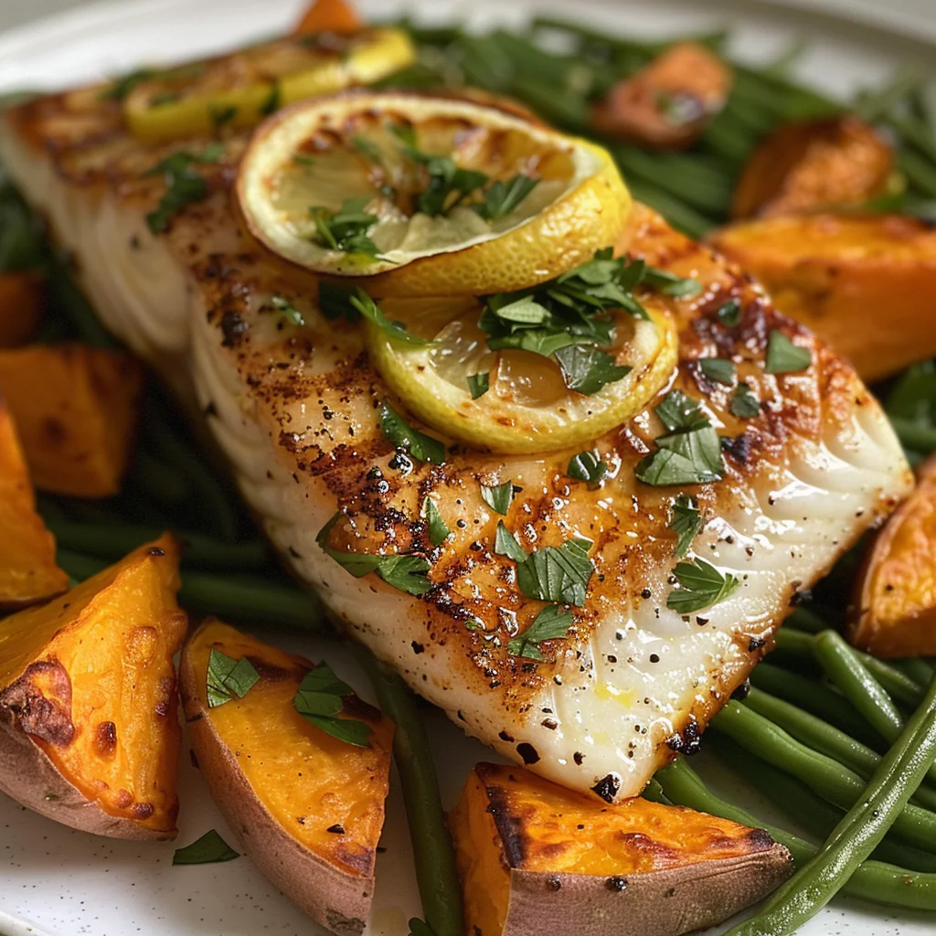 how to make Crispy Pan-Seared Lemon Herb Halibut With Roasted Sweet Potatoes & Green Beans For A Quick Dinner step by step