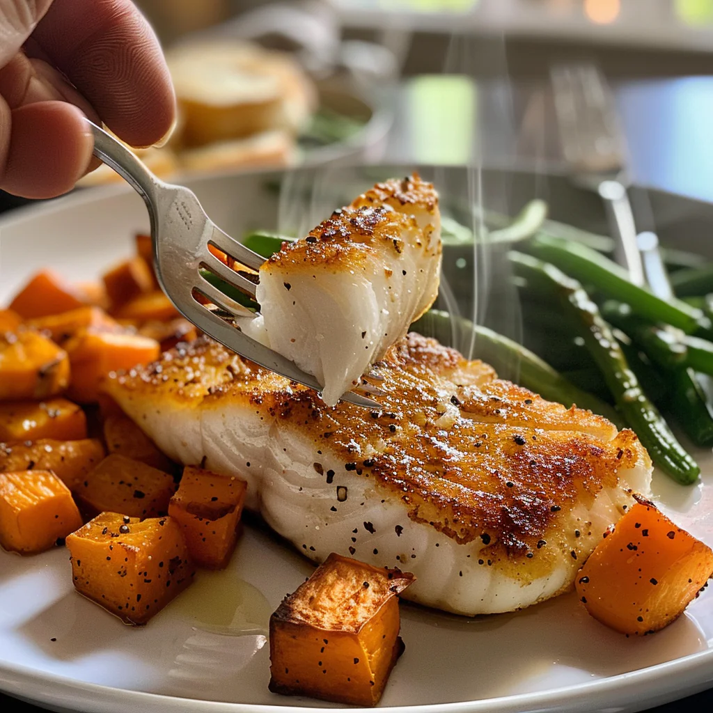 fresh ingredients for Crispy Pan-Seared Lemon Herb Halibut With Roasted Sweet Potatoes & Green Beans For A Quick Dinner