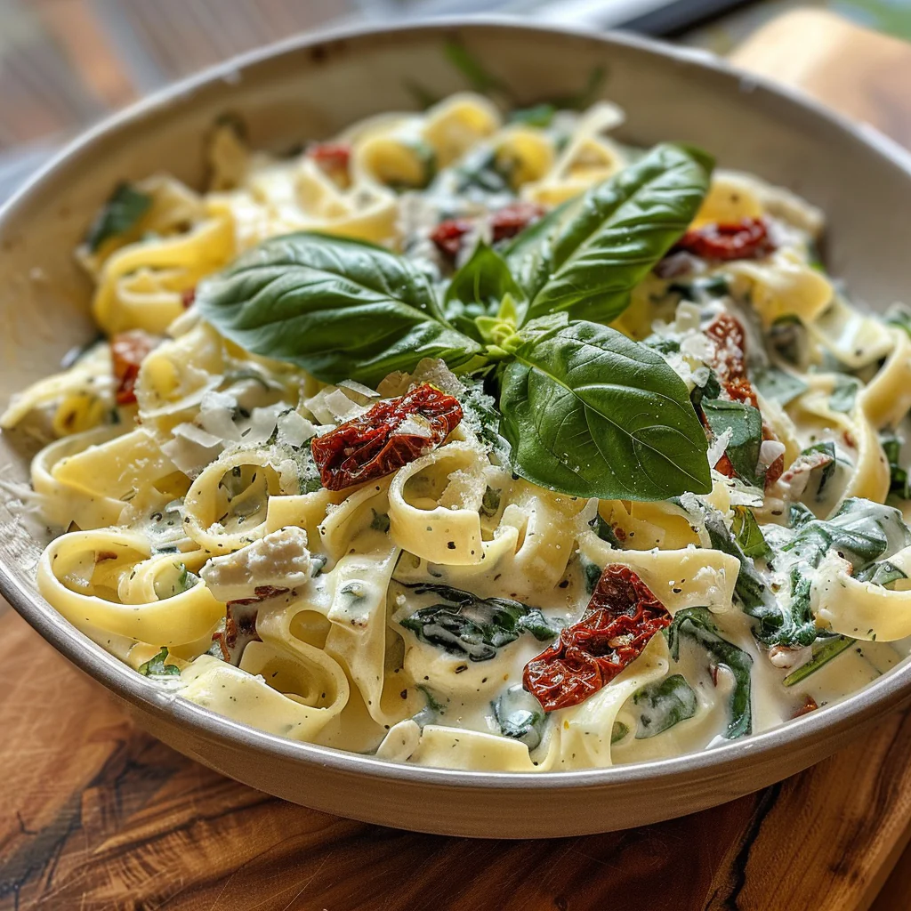 how to make Effortless One-Pot Creamy Feta & Spinach Pasta With Sun-Dried Tomatoes For A Vegetarian Dinner step by step