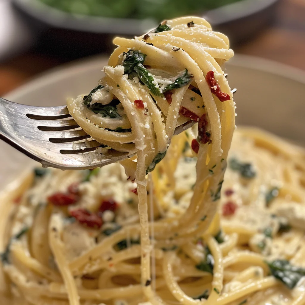 fresh ingredients for Effortless One-Pot Creamy Feta & Spinach Pasta With Sun-Dried Tomatoes For A Vegetarian Dinner