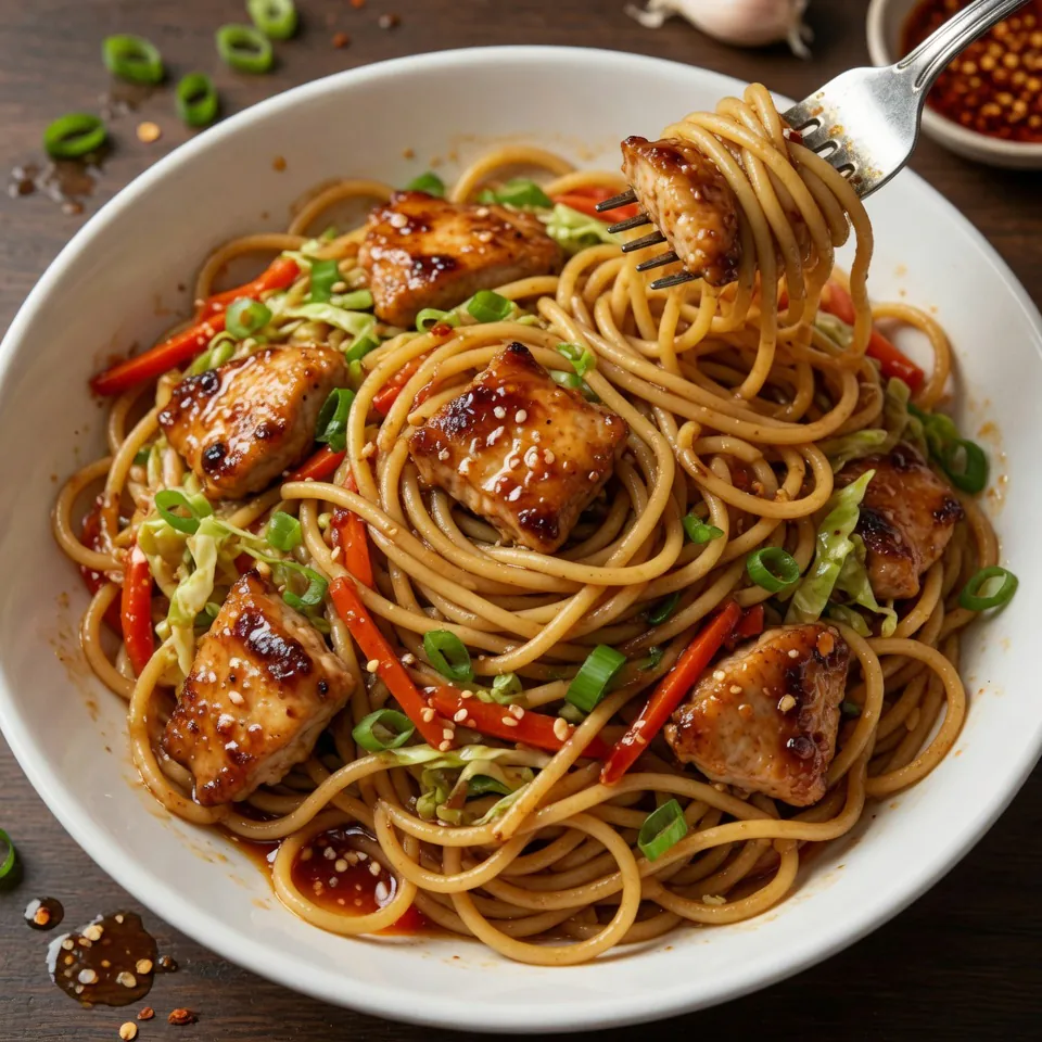 fresh ingredients for Honey Garlic Chicken Lo Mein (Pasta Style)