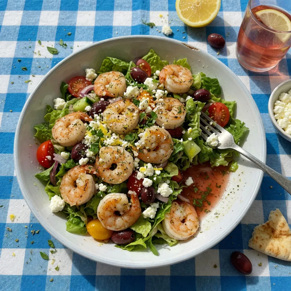 fresh ingredients for Mediterranean Shrimp Salad With Feta & Olives