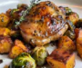 Sheet Pan Crispy Honey Mustard Chicken Thighs with Roasted Brussels Sprouts & Sweet Potatoes