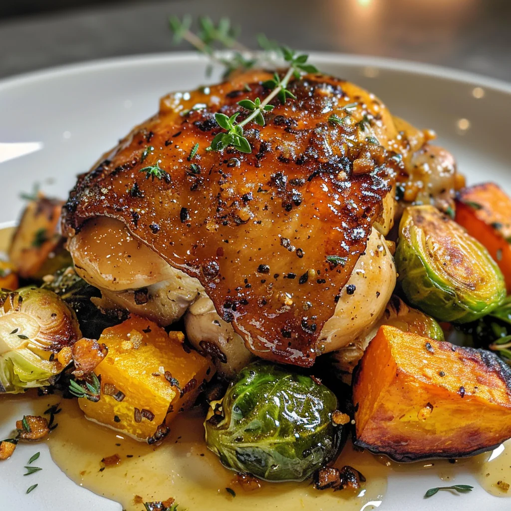 how to make Sheet Pan Crispy Honey Mustard Chicken Thighs With Roasted Brussels Sprouts & Sweet Potatoes step by step