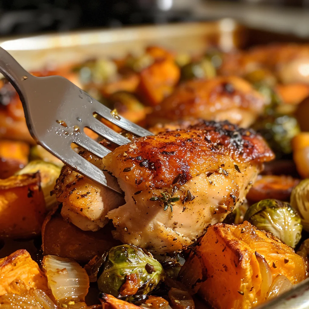 fresh ingredients for Sheet Pan Crispy Honey Mustard Chicken Thighs With Roasted Brussels Sprouts & Sweet Potatoes
