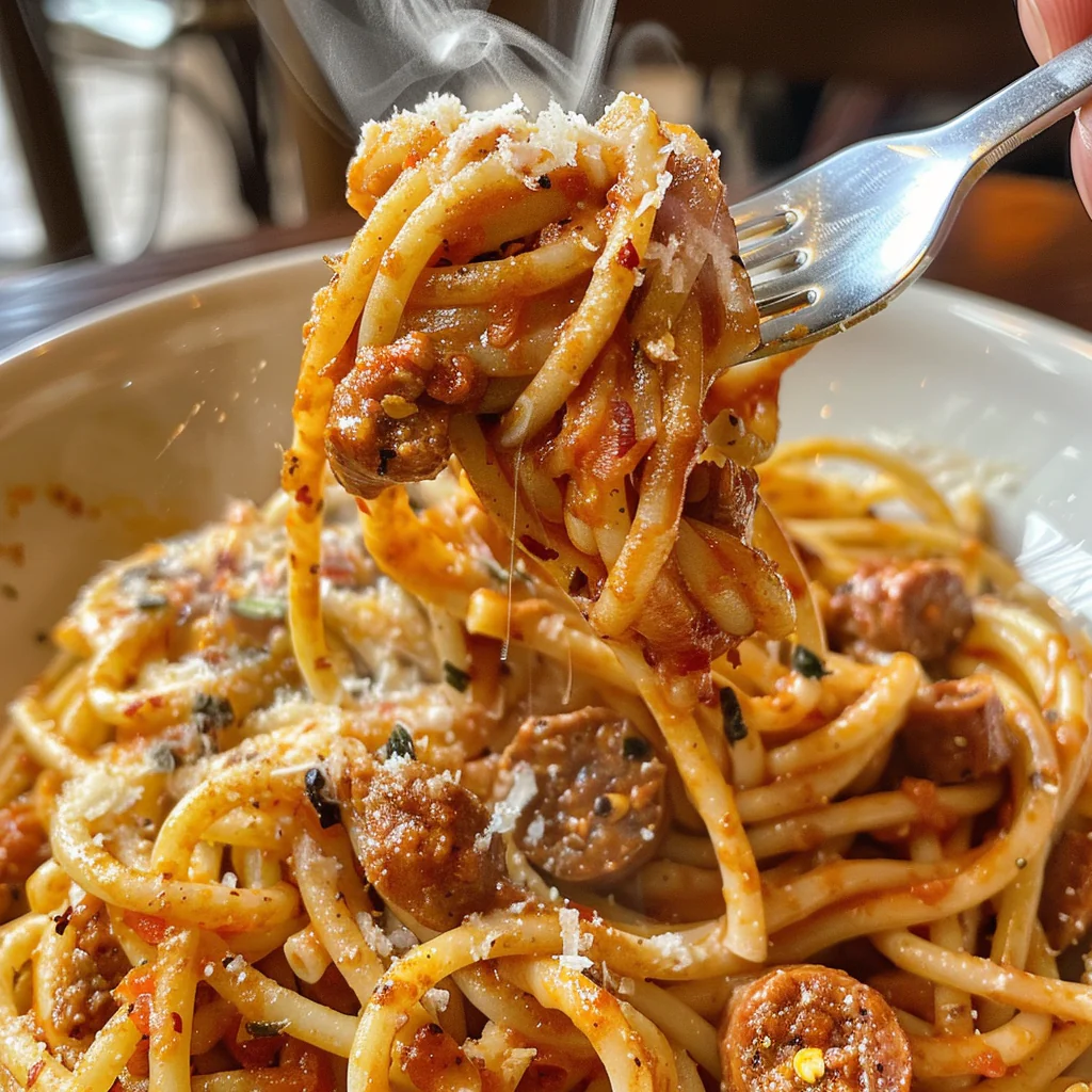 fresh ingredients for Spicy Calabrian Chili & Sausage Pasta With Creamy Tomato Sauce For A Crowd