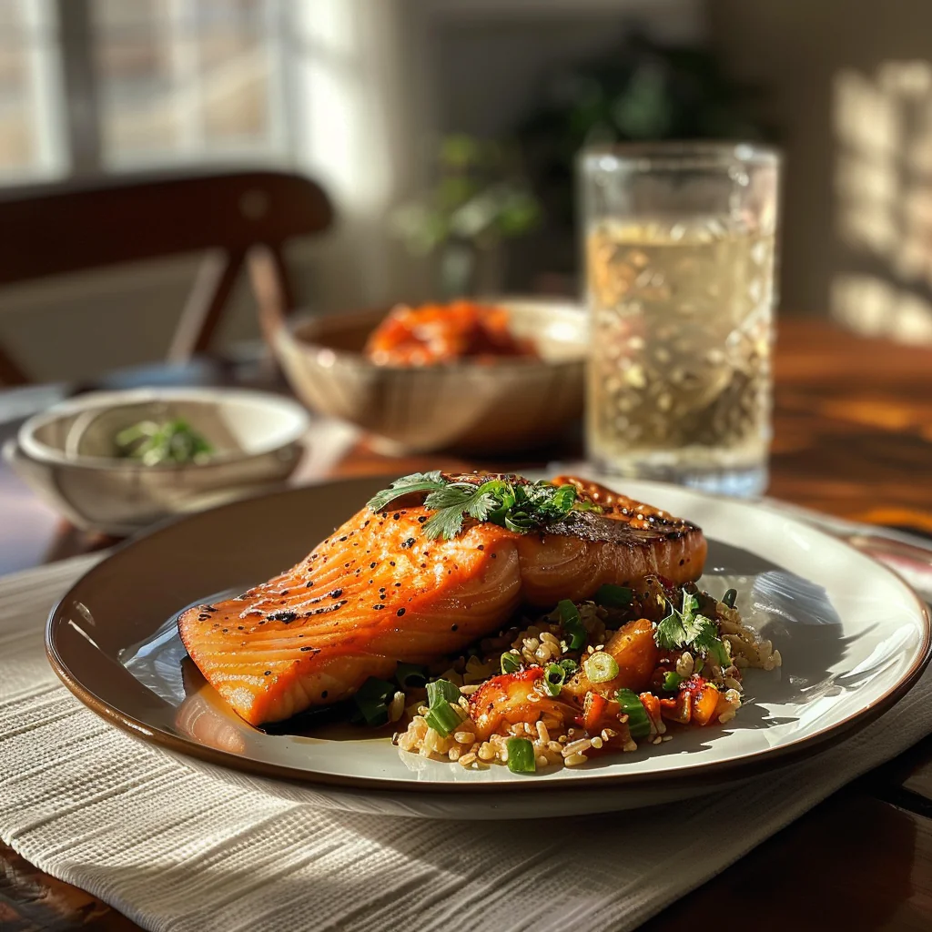 how to make Spicy Gochujang Glazed Salmon With Crispy Kimchi Rice: 30-Minute Weeknight Seafood Dinner step by step