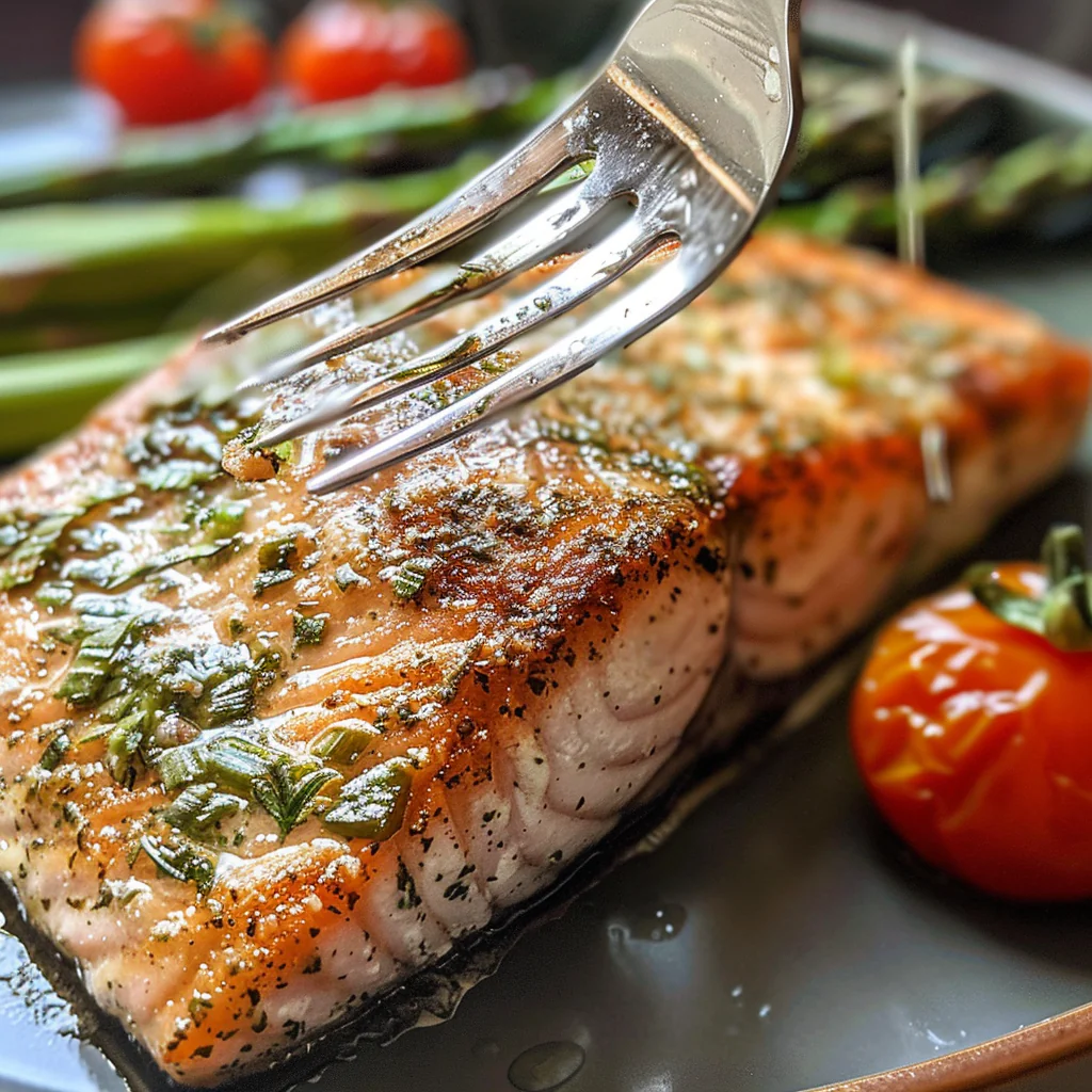 fresh ingredients for Weeknight Garlic Butter Herb Salmon With Roasted Asparagus & Cherry Tomatoes For Two