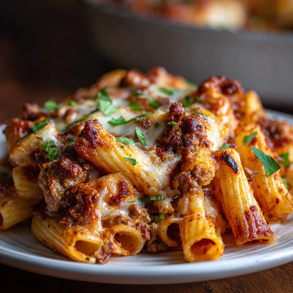 fresh ingredients for Cheesy Baked Rigatoni With Italian Sausage And A Rich Homemade Marinara