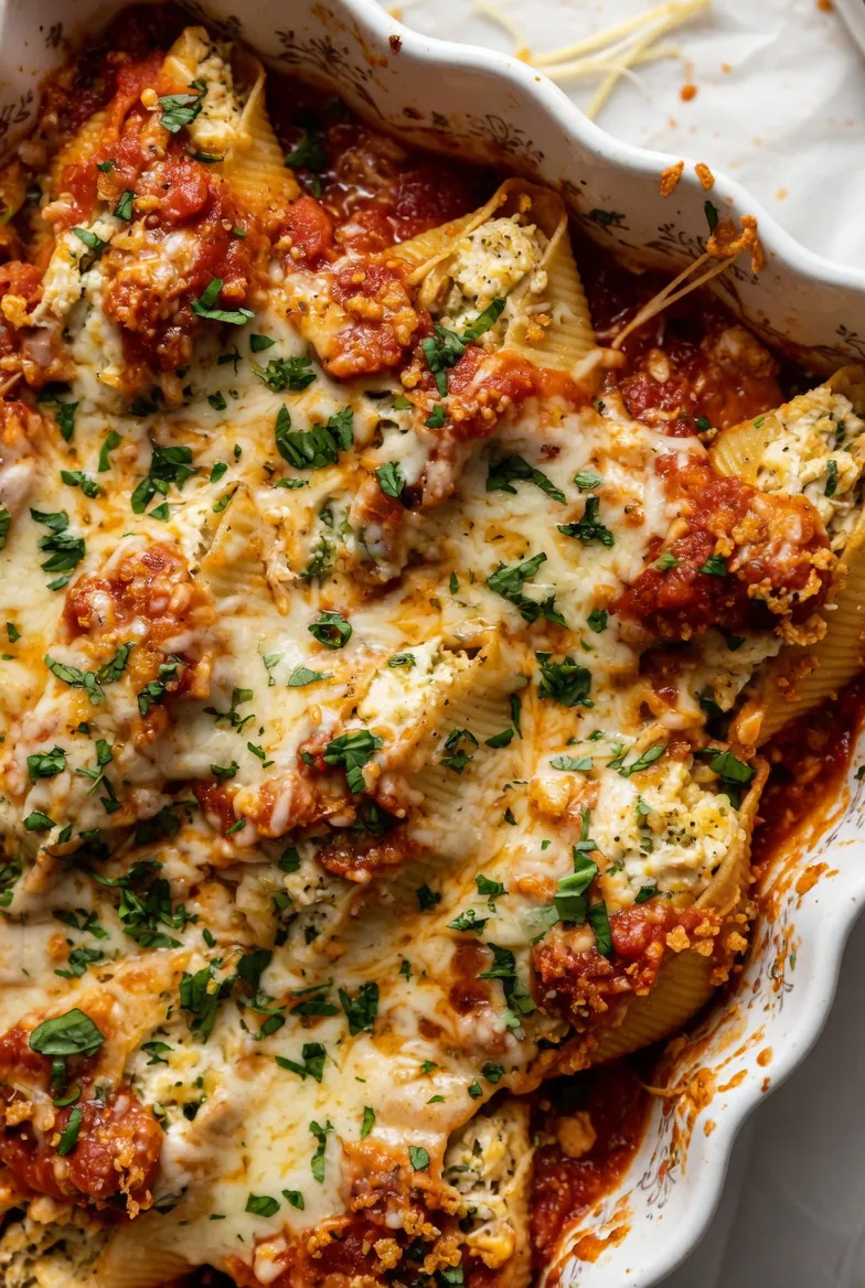 fresh ingredients for Cheesy Chicken Stuffed Shells Covered In Marinara And Baked Until Bubbly