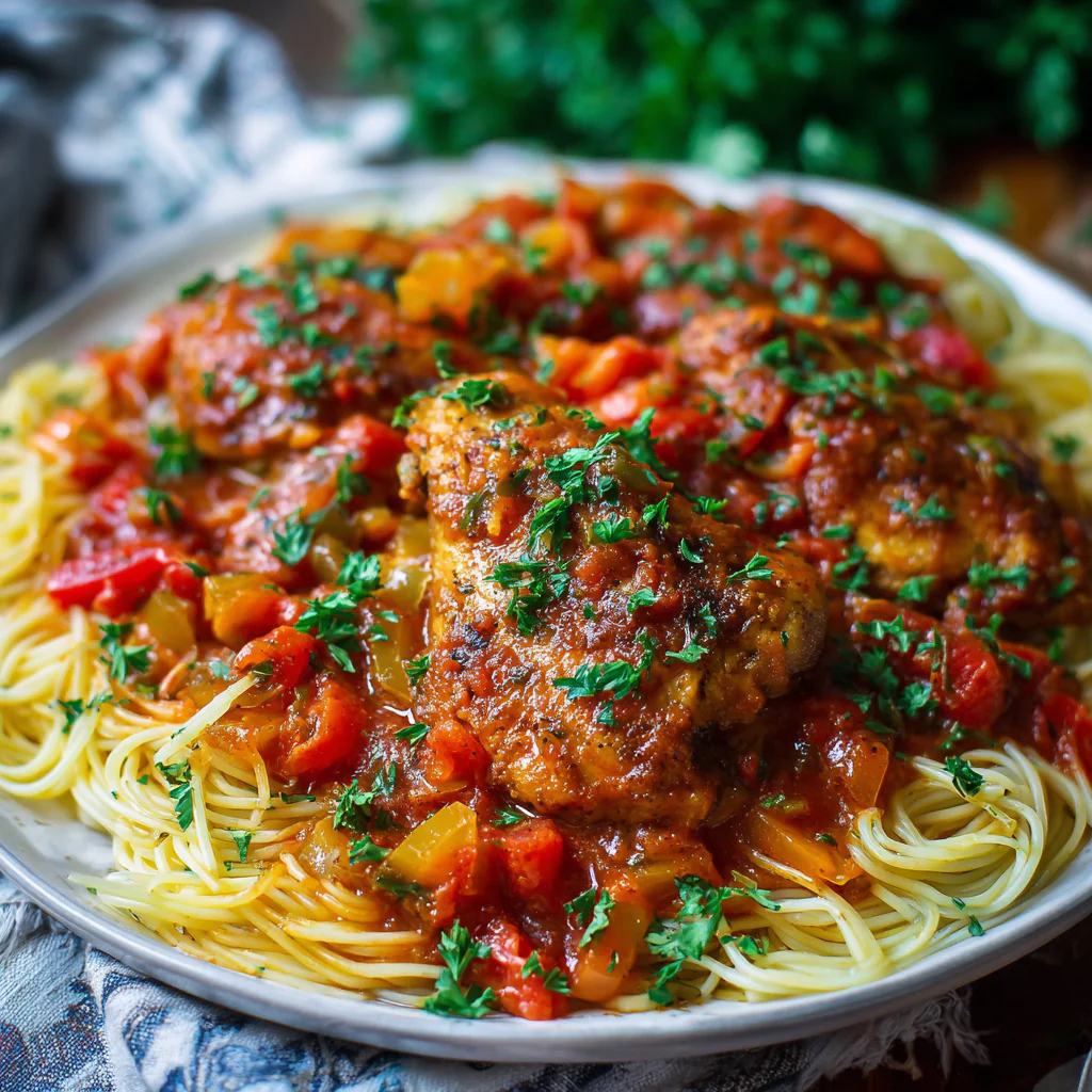 fresh ingredients for Easy Chicken Cacciatore Served Over A Bed Of Steaming Angel Hair Pasta