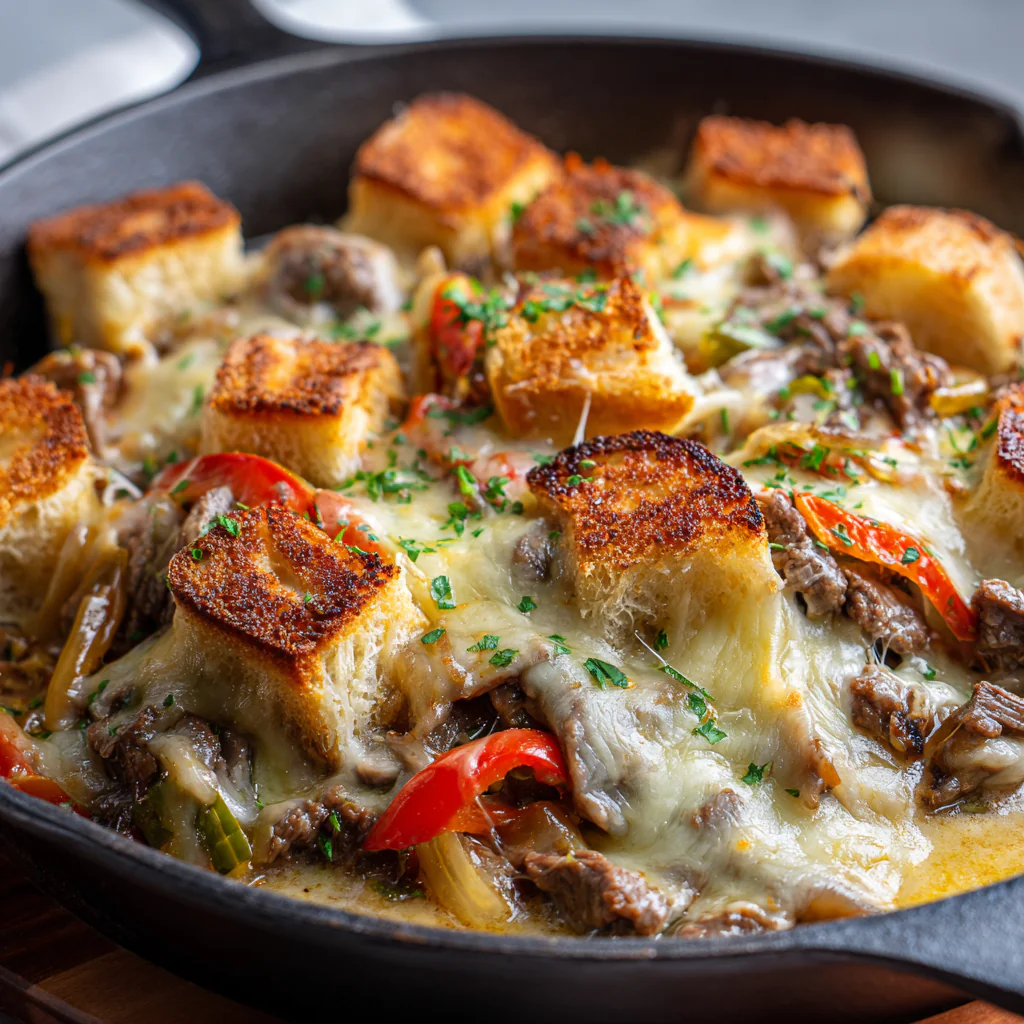 fresh ingredients for Classic Philly Cheesesteak Skillet Served With Toasted Hoagie Rolls