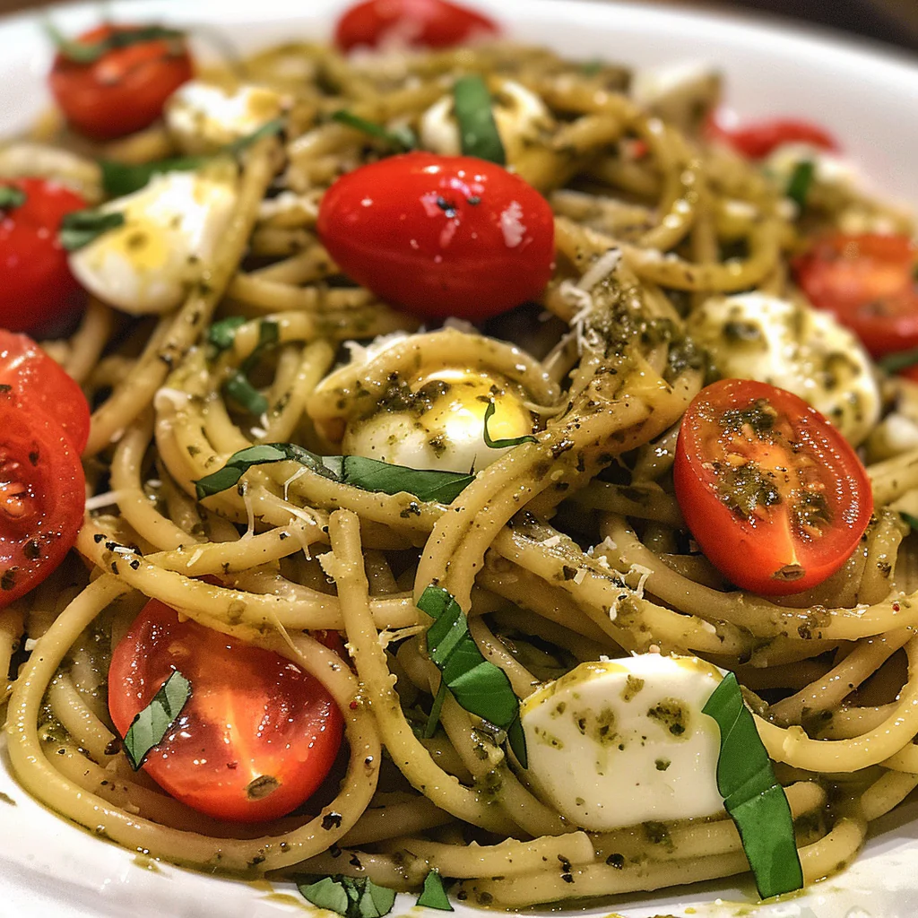 fresh ingredients for Creamy One-Pot Lemon Pesto Pasta With Blistered Cherry Tomatoes & Fresh Mozzarella For A Quick Vegetarian Dinner
