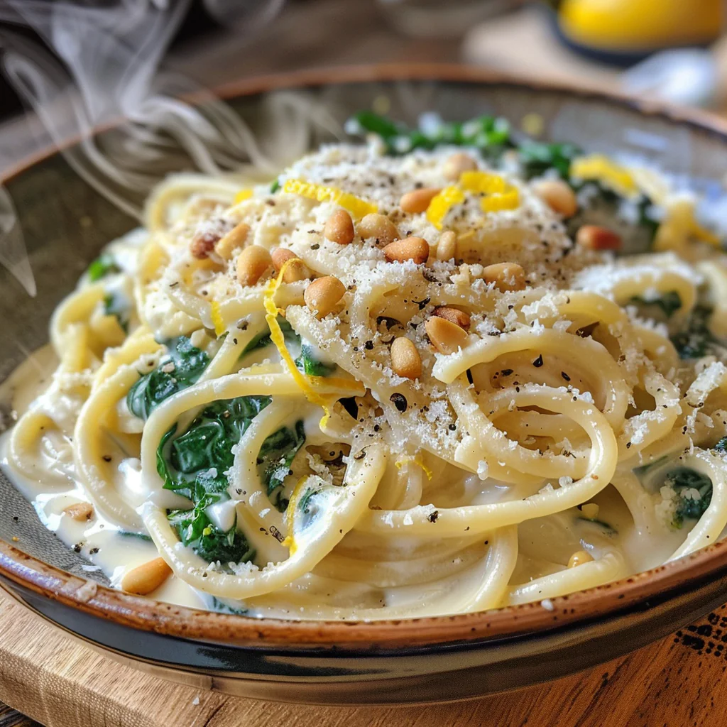fresh ingredients for Creamy One-Pot Lemon Ricotta & Spinach Pasta With Toasted Pine Nuts For A Quick Vegetarian Dinner
