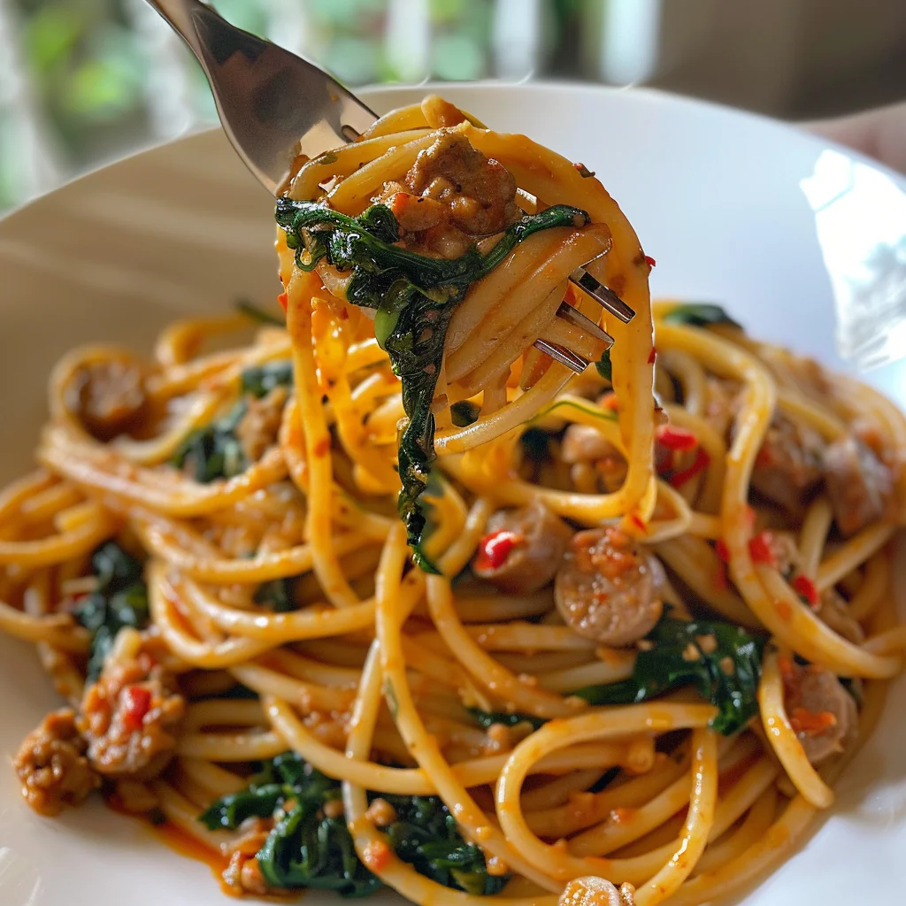fresh ingredients for Creamy One-Pot Spicy Calabrian Chili Pasta With Italian Sausage And Wilted Spinach For An Easy Weeknight Meal