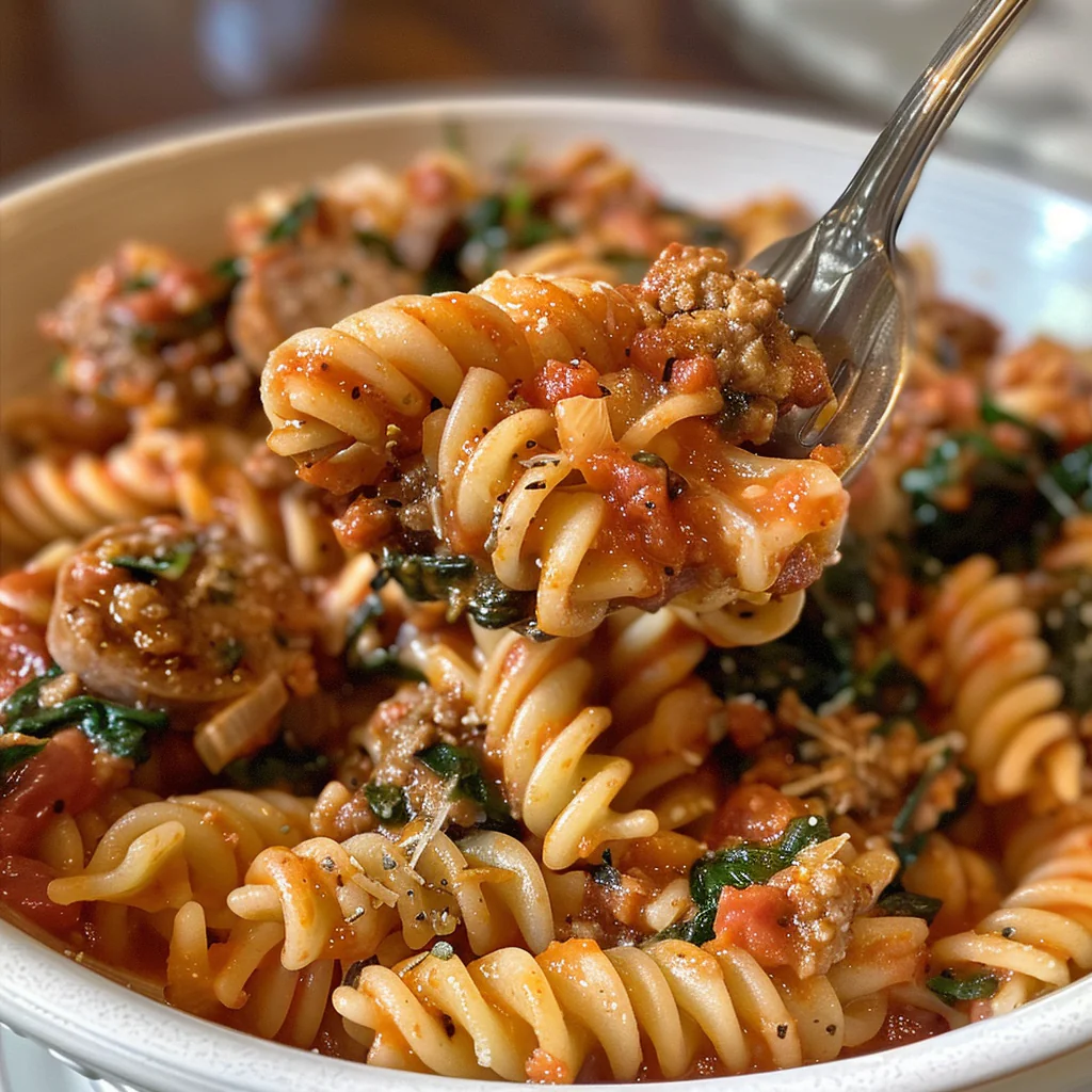 fresh ingredients for Creamy One-Pot Sundried Tomato & Spinach Pasta With Italian Sausage For An Easy Family Dinner