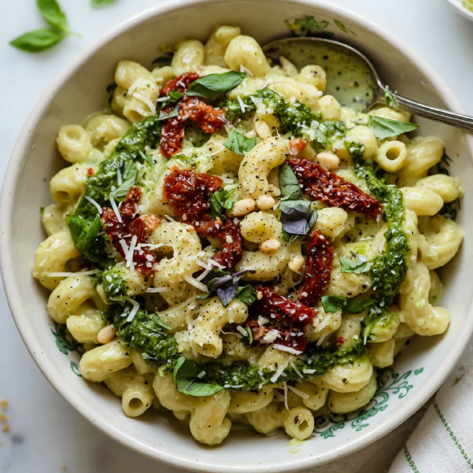 fresh ingredients for Creamy Pesto Mac And Cheese With Sun-Dried Tomatoes For A Gourmet Twist