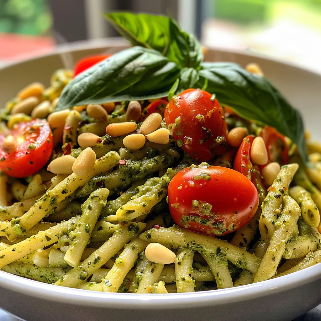 fresh ingredients for Creamy Pesto Pasta With Blistered Cherry Tomatoes & Toasted Pine Nuts: Easy Vegetarian Dinner